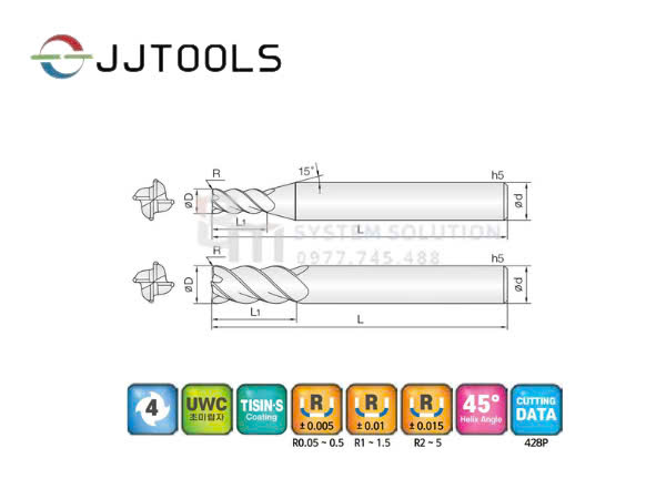 4JJCRL (dao phay ngón, góc xoắn 45°, gia công thép có độ cứng cao, 4 ME)-JJ Tools