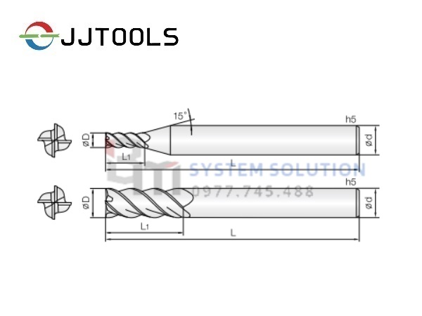 4JJHE (Mũi phay góc xoắn 45° cho thêp độ cứng cao , 4ME) - JJ Tools